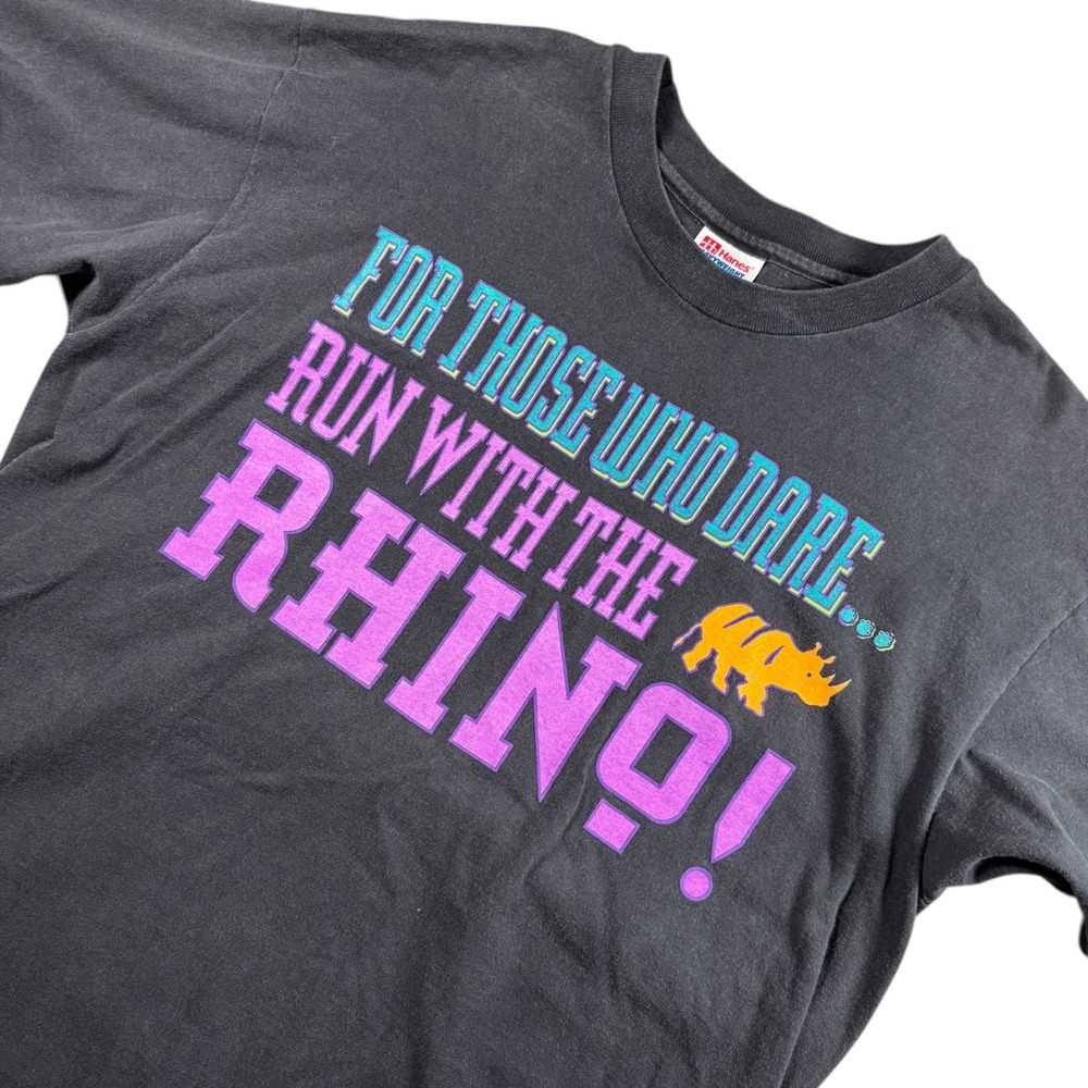 VTG‎ Single Stitch Hanes Heavyweight Run With The Rhino Graphic Tee Mens L Black